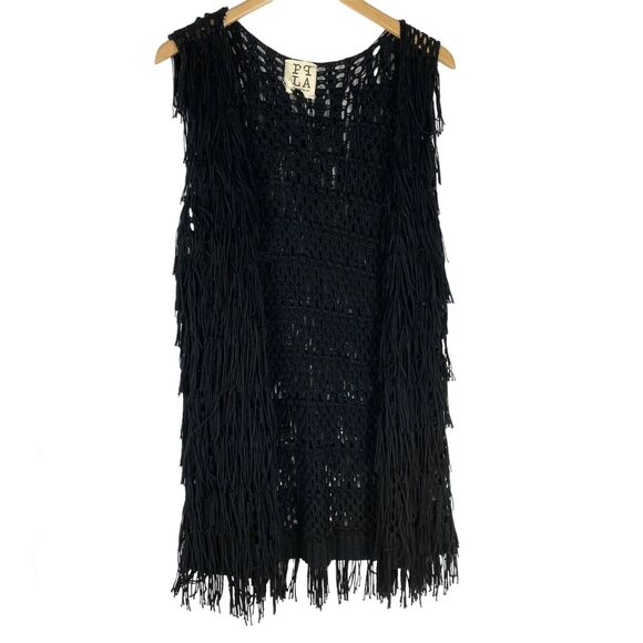 PqLA Clothing Flounder Y2K Crochet Fringe Cardigan Vest Women L Black Whimsigoth - Picture 1 of 7